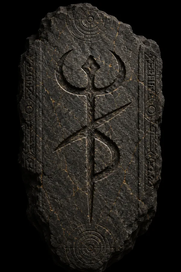 The Breath symbol carved into dark stone