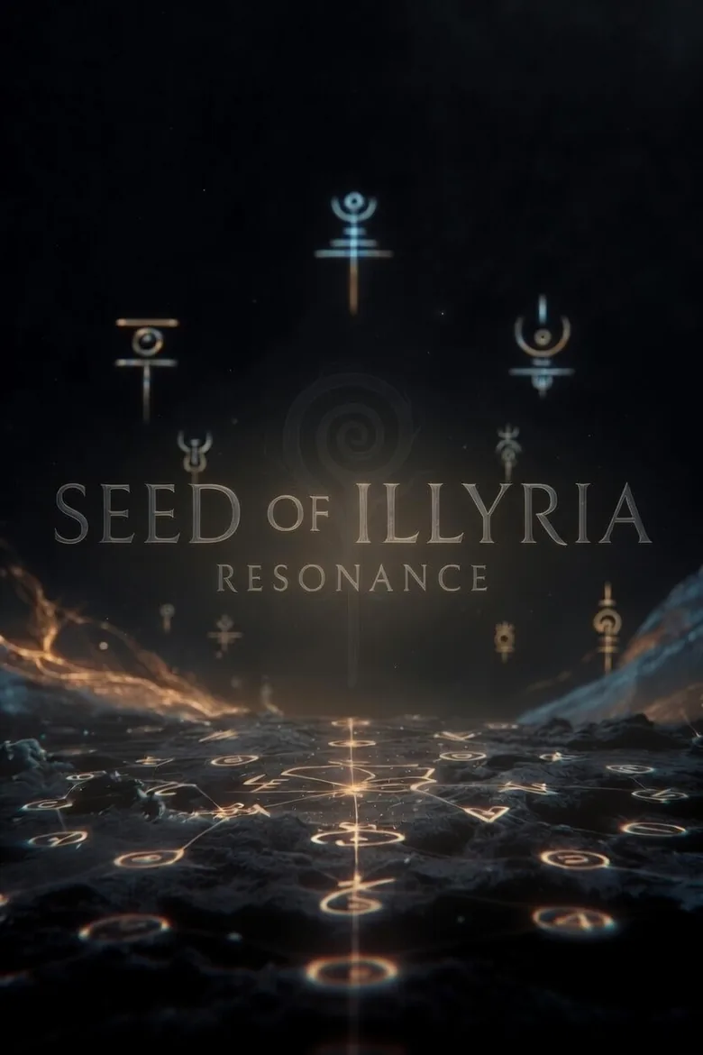 Seed of Illyria: Resonance title art: gold glyphs float above a glowing rune floor in the dark