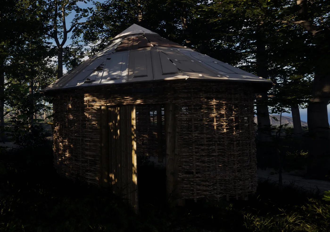 A woven hut roofed with salvaged ship partitions, in shadow under dark trees