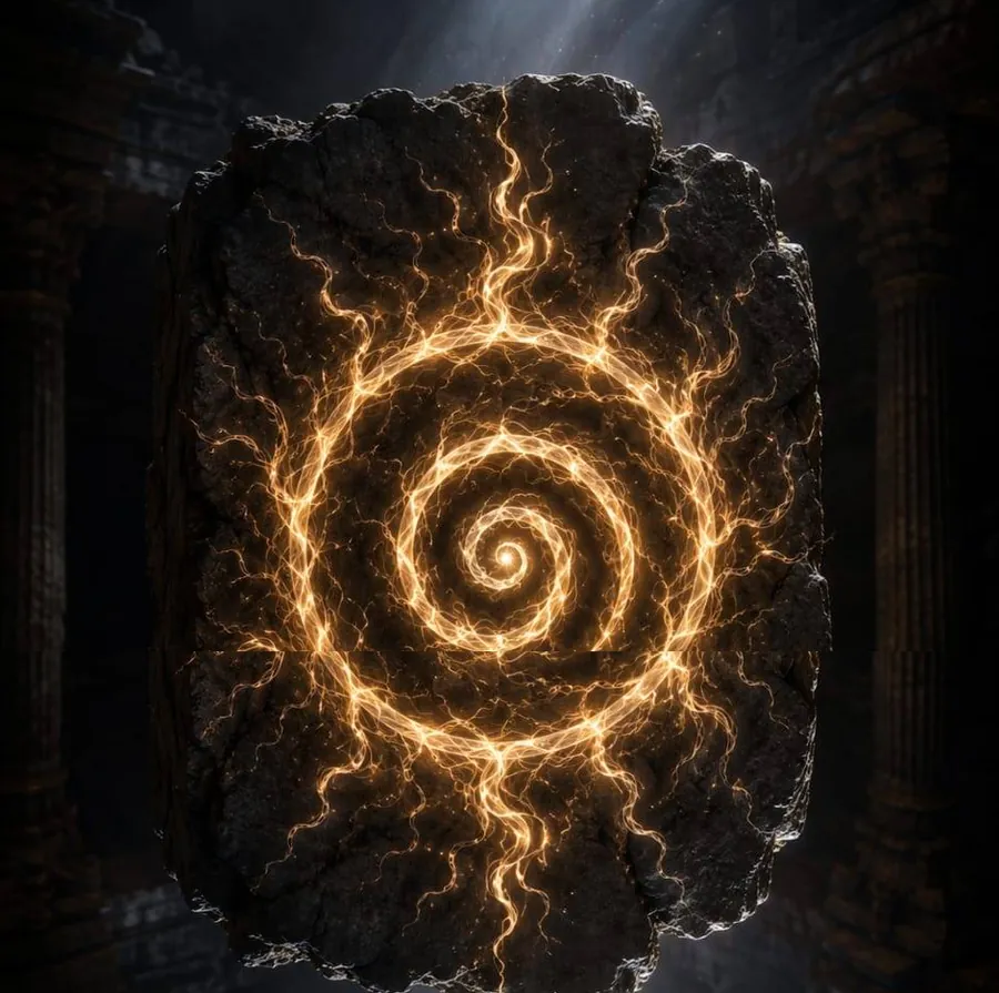 The Seed symbol: a golden spiral glowing through a dark stone slab