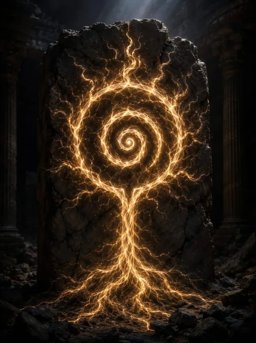 Syl’ara: a spiral tree of gold light glowing through a stone slab
